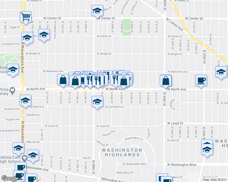 map of restaurants, bars, coffee shops, grocery stores, and more near 6531 West North Avenue in Wauwatosa