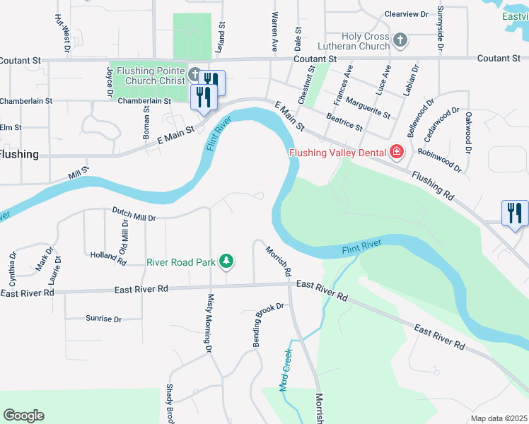 map of restaurants, bars, coffee shops, grocery stores, and more near 339 River Woods Drive in Flushing