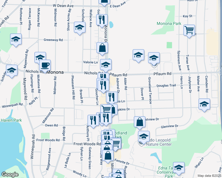 map of restaurants, bars, coffee shops, grocery stores, and more near 5424 Monona Dr in Monona