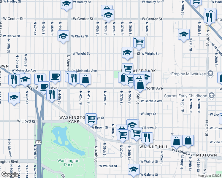 map of restaurants, bars, coffee shops, grocery stores, and more near 3809b West North Avenue in Milwaukee