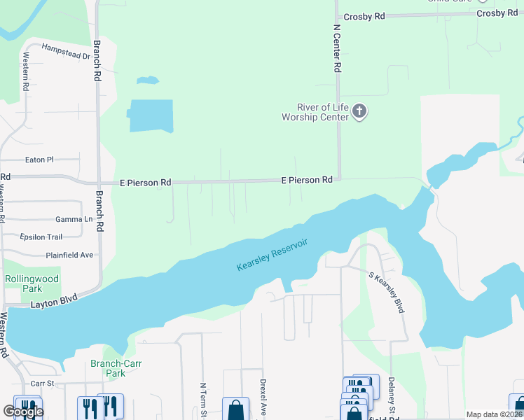 map of restaurants, bars, coffee shops, grocery stores, and more near 3374 East Pierson Road in Flint