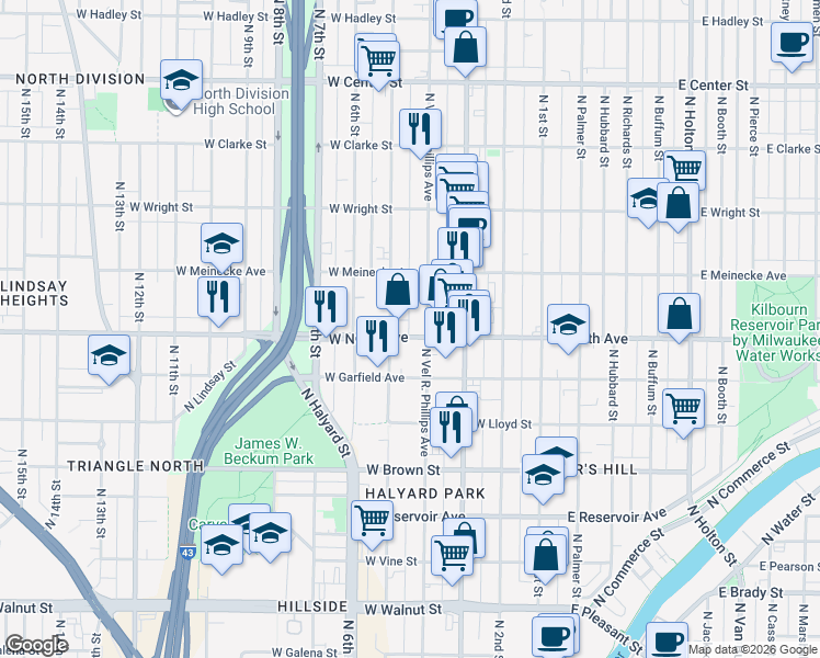 map of restaurants, bars, coffee shops, grocery stores, and more near 418 West North Avenue in Milwaukee