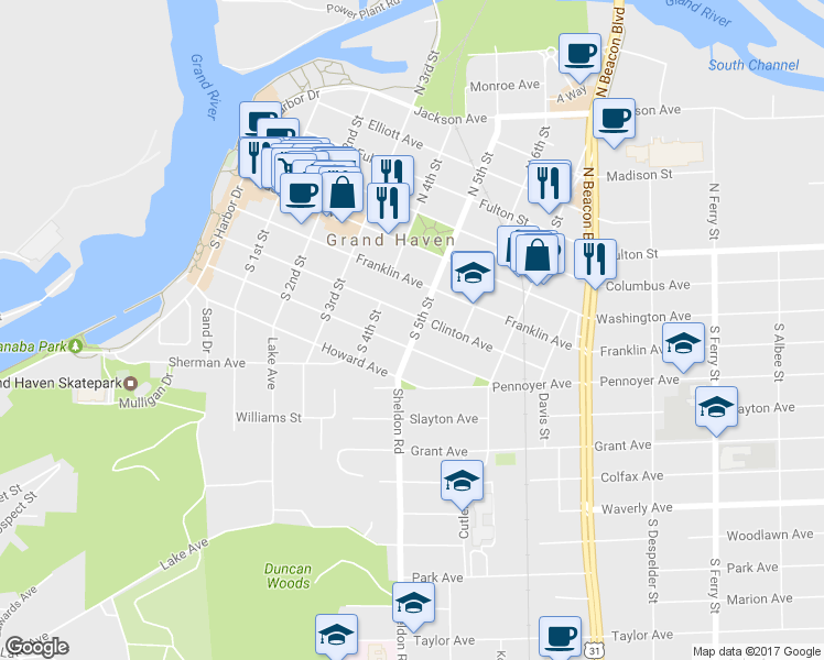 map of restaurants, bars, coffee shops, grocery stores, and more near 209 S 5th St in Grand Haven