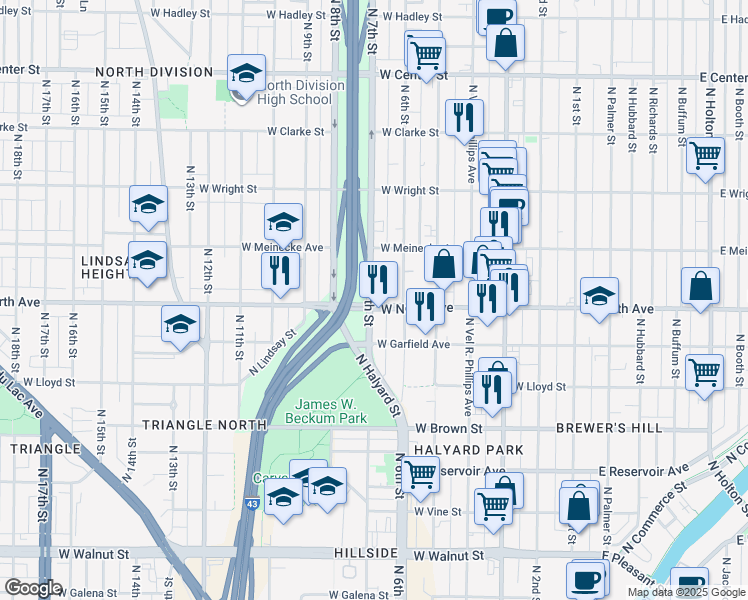 map of restaurants, bars, coffee shops, grocery stores, and more near 642 West North Avenue in Milwaukee