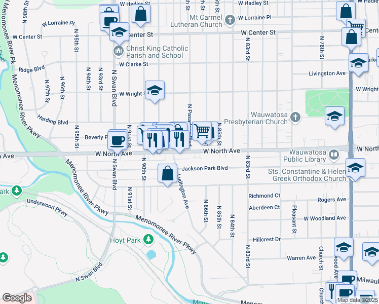map of restaurants, bars, coffee shops, grocery stores, and more near 8611 West North Avenue in Wauwatosa
