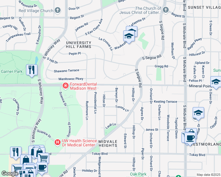 map of restaurants, bars, coffee shops, grocery stores, and more near 410 Berwyn Drive in Madison