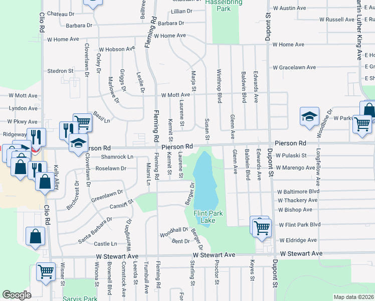 map of restaurants, bars, coffee shops, grocery stores, and more near 1317 West Pierson Road in Flint