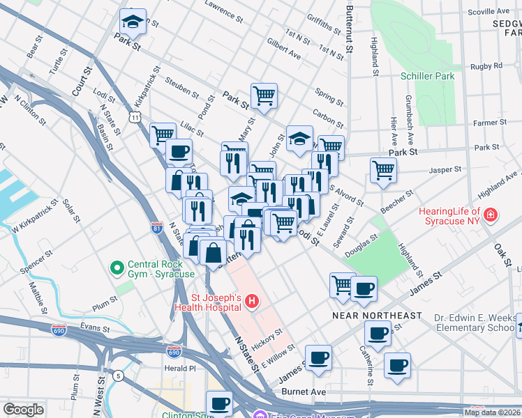 map of restaurants, bars, coffee shops, grocery stores, and more near 414 Ash Street in Syracuse