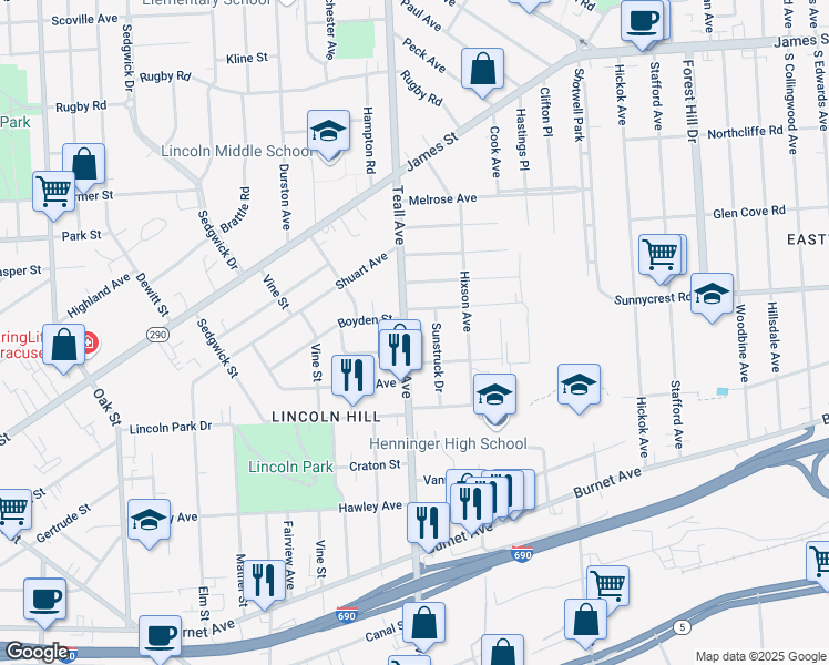 map of restaurants, bars, coffee shops, grocery stores, and more near 1014 Teall Avenue in Syracuse