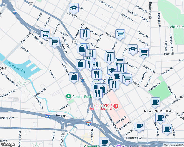 map of restaurants, bars, coffee shops, grocery stores, and more near 701 North Salina Street in Syracuse