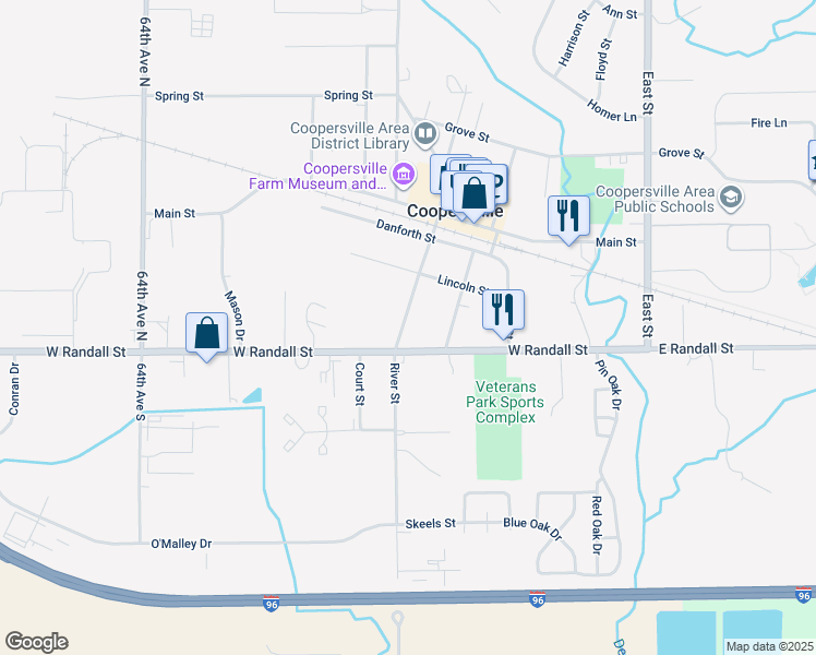 map of restaurants, bars, coffee shops, grocery stores, and more near 48 Eastmanville Street in Coopersville
