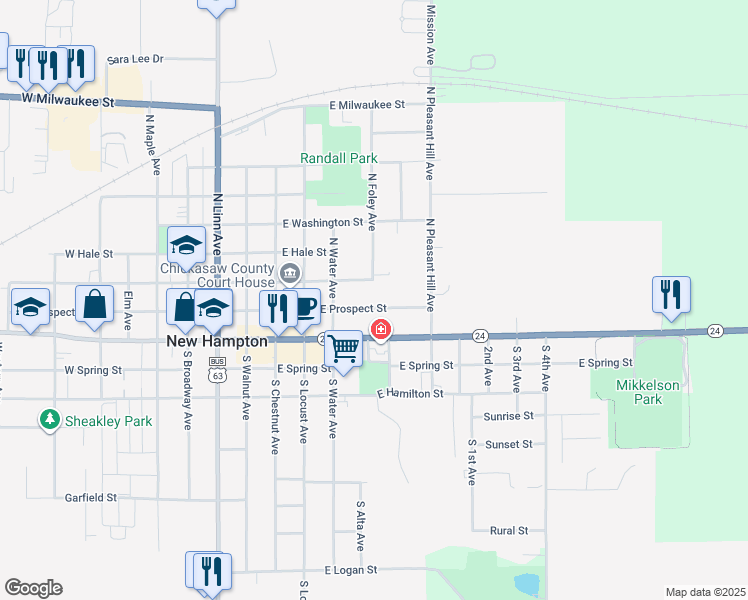 map of restaurants, bars, coffee shops, grocery stores, and more near 262-438 East Prospect Street in New Hampton
