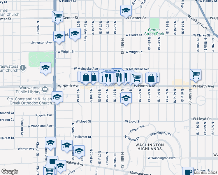 map of restaurants, bars, coffee shops, grocery stores, and more near 6907 West North Avenue in Wauwatosa