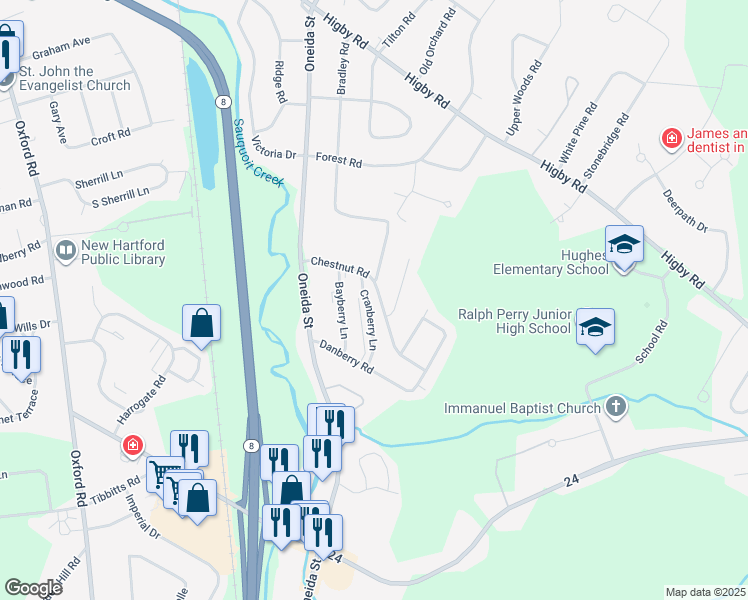 map of restaurants, bars, coffee shops, grocery stores, and more near 43 Cranberry Lane in New Hartford