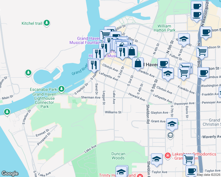 map of restaurants, bars, coffee shops, grocery stores, and more near 118 Howard Avenue in Grand Haven