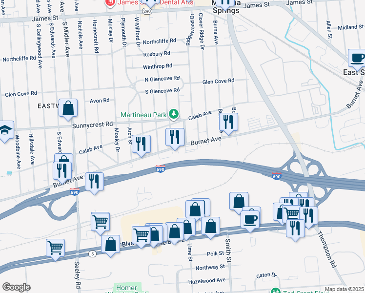 map of restaurants, bars, coffee shops, grocery stores, and more near 3020 Burnet Ave in Syracuse