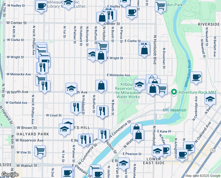 map of restaurants, bars, coffee shops, grocery stores, and more near 2311 North Booth Street in Milwaukee