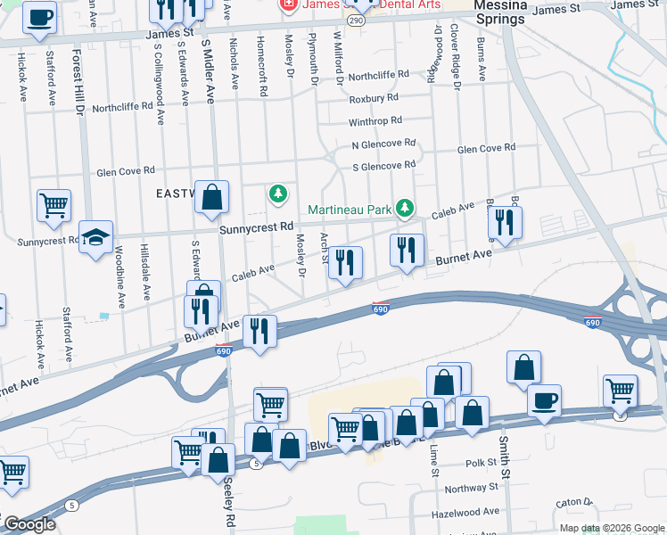 map of restaurants, bars, coffee shops, grocery stores, and more near 218 Arch Street in Syracuse