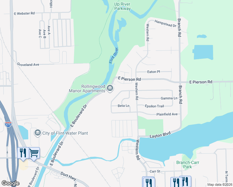 map of restaurants, bars, coffee shops, grocery stores, and more near 5011 Alpha Way in Flint