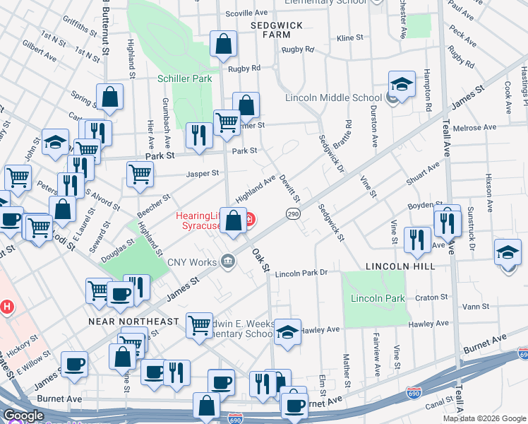 map of restaurants, bars, coffee shops, grocery stores, and more near 1033 James Street in Syracuse