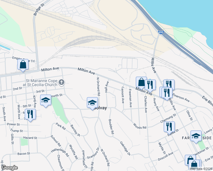 map of restaurants, bars, coffee shops, grocery stores, and more near Hall Avenue & William Street in Syracuse