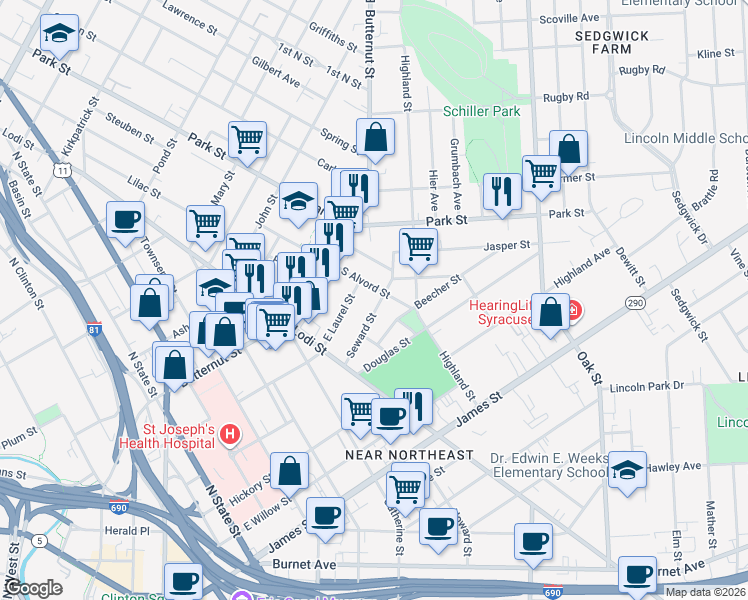 map of restaurants, bars, coffee shops, grocery stores, and more near 223 Seward Street in Syracuse