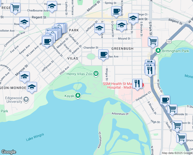 map of restaurants, bars, coffee shops, grocery stores, and more near 702 South Randall Avenue in Madison