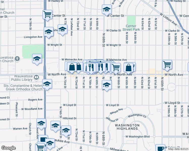 map of restaurants, bars, coffee shops, grocery stores, and more near 6907 West North Avenue in Wauwatosa