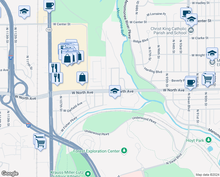 map of restaurants, bars, coffee shops, grocery stores, and more near 10104 West North Avenue in Wauwatosa