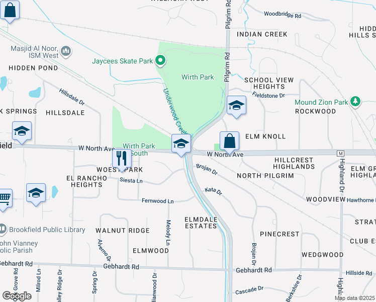 map of restaurants, bars, coffee shops, grocery stores, and more near in Brookfield
