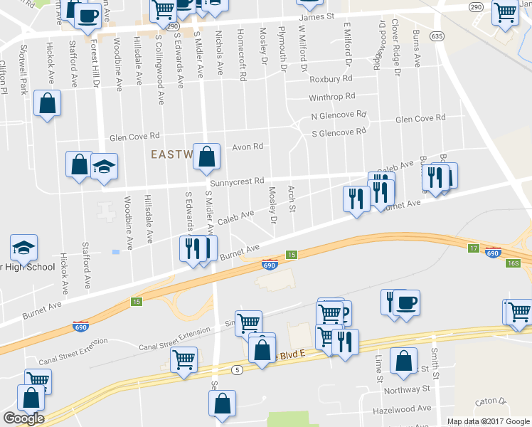 map of restaurants, bars, coffee shops, grocery stores, and more near 1118 Caleb Avenue in Syracuse