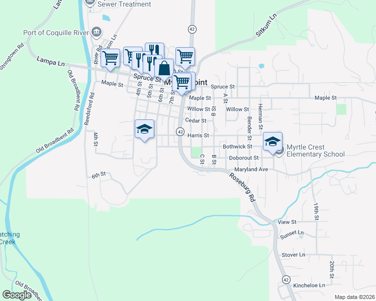 map of restaurants, bars, coffee shops, grocery stores, and more near 806 Railroad Street in Myrtle Point