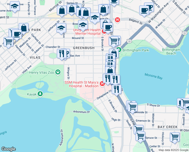 map of restaurants, bars, coffee shops, grocery stores, and more near 612 South Mills Street in Madison