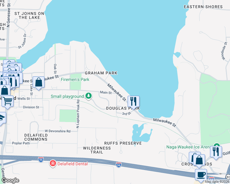 map of restaurants, bars, coffee shops, grocery stores, and more near 1451 Main Street in Delafield
