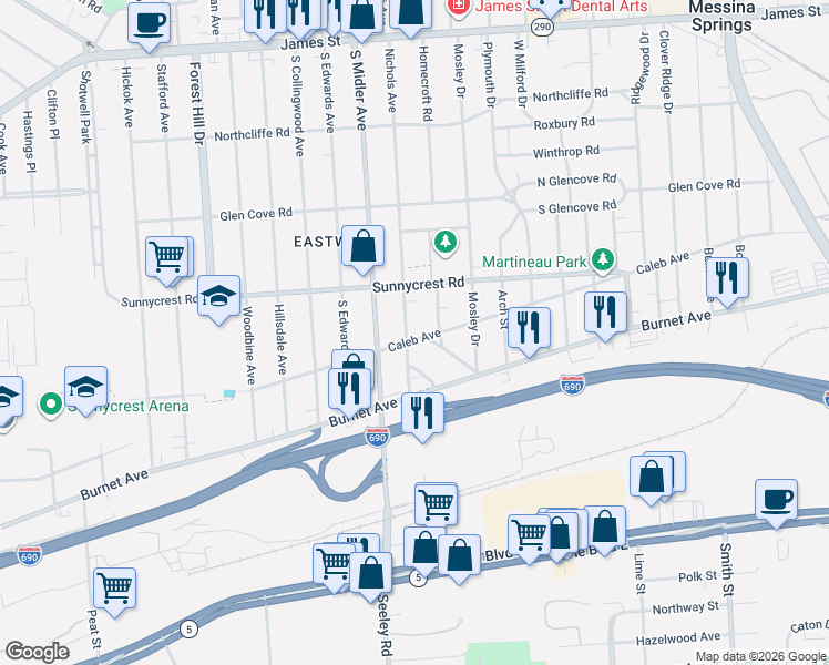 map of restaurants, bars, coffee shops, grocery stores, and more near 1013 Caleb Avenue in Syracuse