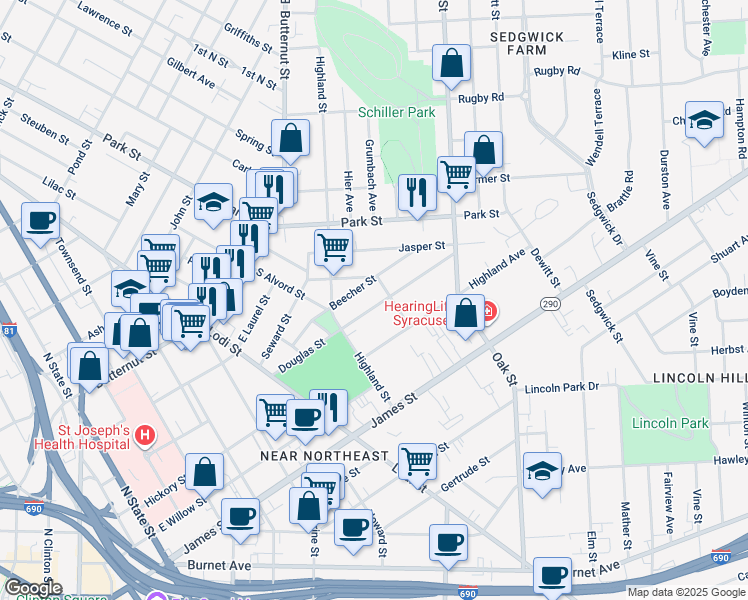 map of restaurants, bars, coffee shops, grocery stores, and more near 216 Beecher Street in Syracuse