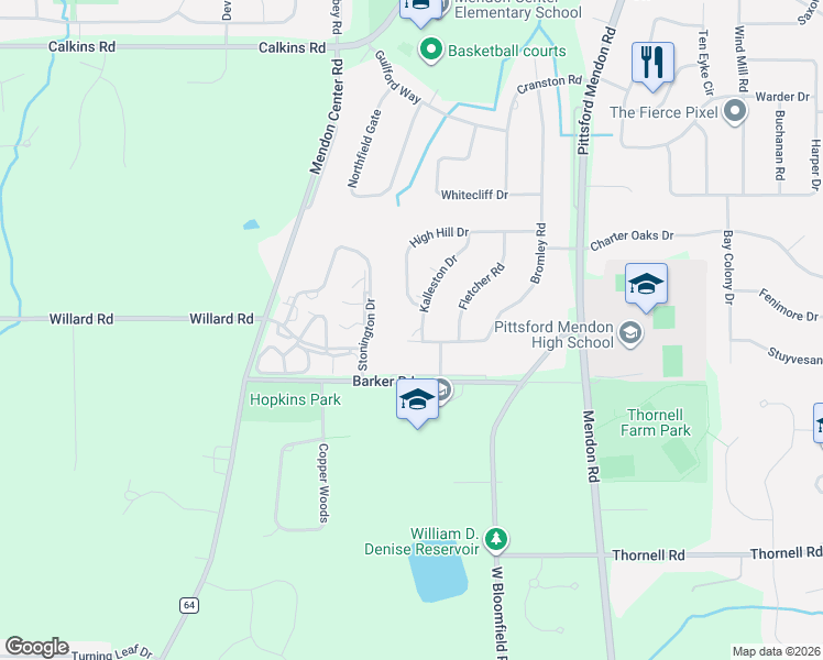 map of restaurants, bars, coffee shops, grocery stores, and more near 75 Bromley Road in Pittsford