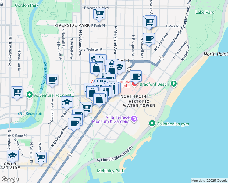 map of restaurants, bars, coffee shops, grocery stores, and more near 2311 North Prospect Avenue in Milwaukee