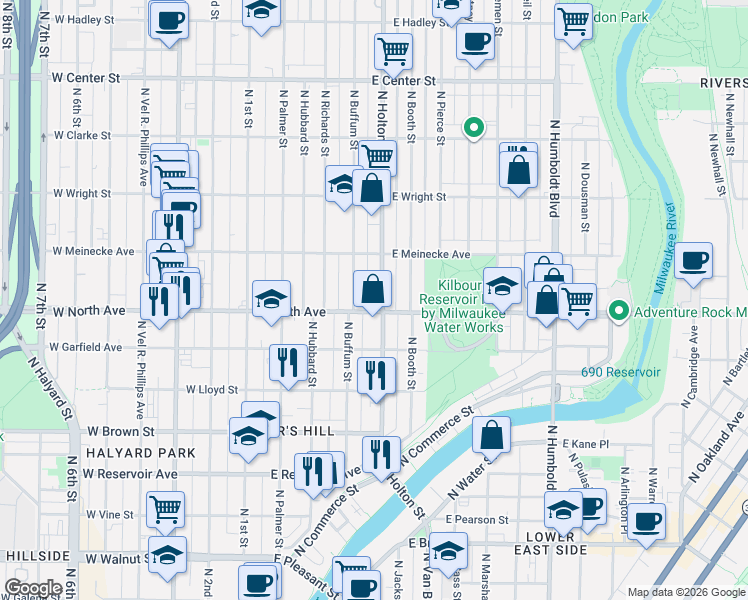 map of restaurants, bars, coffee shops, grocery stores, and more near in Milwaukee