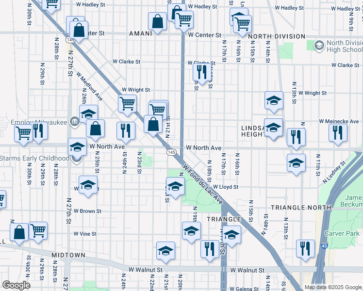 map of restaurants, bars, coffee shops, grocery stores, and more near in Milwaukee
