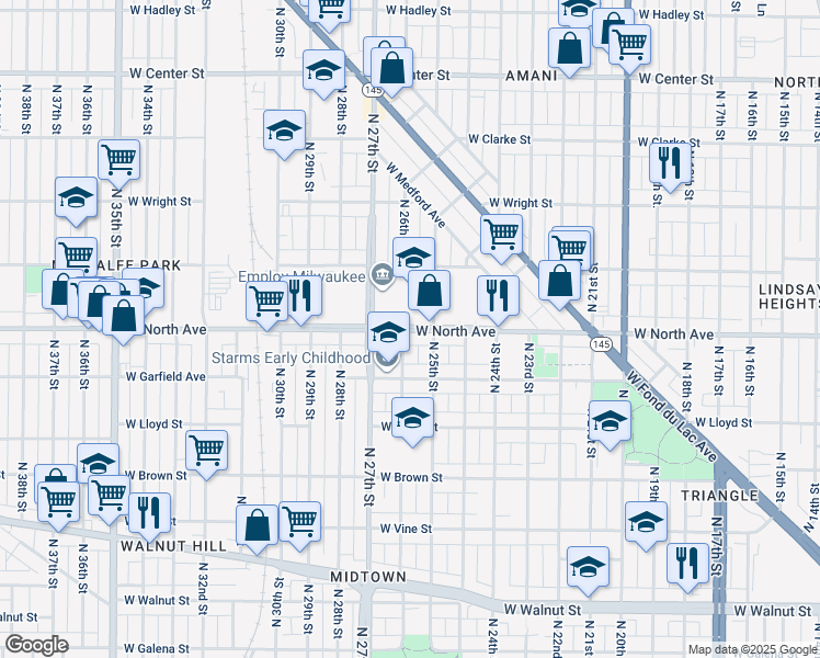 map of restaurants, bars, coffee shops, grocery stores, and more near 2601 West North Avenue in Milwaukee