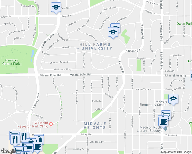 map of restaurants, bars, coffee shops, grocery stores, and more near 410 Berwyn Drive in Madison