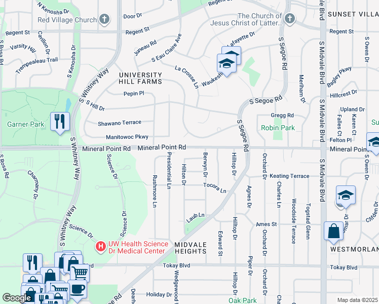 map of restaurants, bars, coffee shops, grocery stores, and more near 4930 Ascot Lane in Madison
