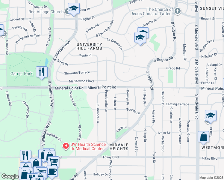 map of restaurants, bars, coffee shops, grocery stores, and more near 4930 Ascot Lane in Madison