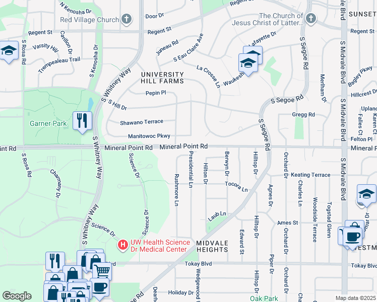 map of restaurants, bars, coffee shops, grocery stores, and more near 402 Rushmore Lane in Madison