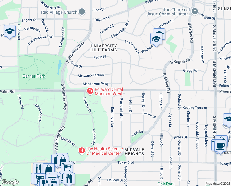 map of restaurants, bars, coffee shops, grocery stores, and more near 402 Rushmore Lane in Madison