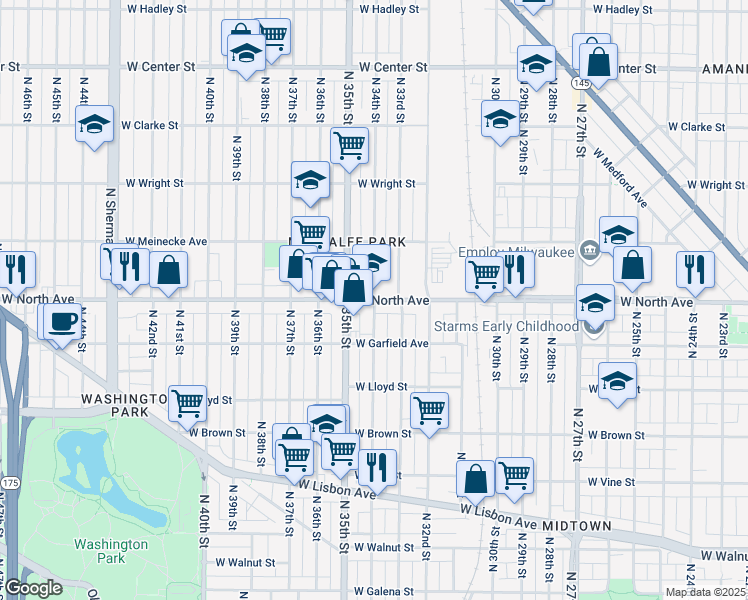 map of restaurants, bars, coffee shops, grocery stores, and more near W North Ave & N 34th St in Milwaukee