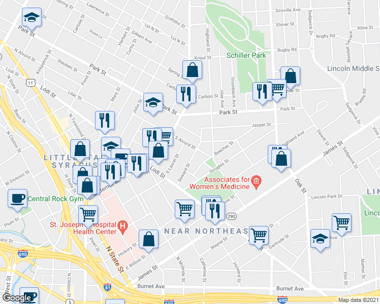 map of restaurants, bars, coffee shops, grocery stores, and more near 223 Seward St in Syracuse