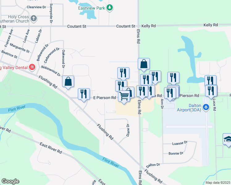 map of restaurants, bars, coffee shops, grocery stores, and more near 1525 East Pierson Road in Flushing