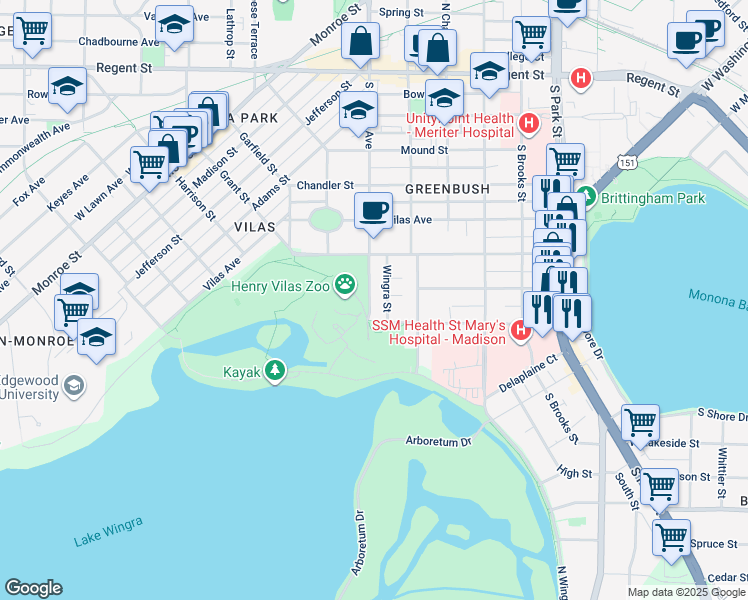 map of restaurants, bars, coffee shops, grocery stores, and more near 537 South Randall Avenue in Madison